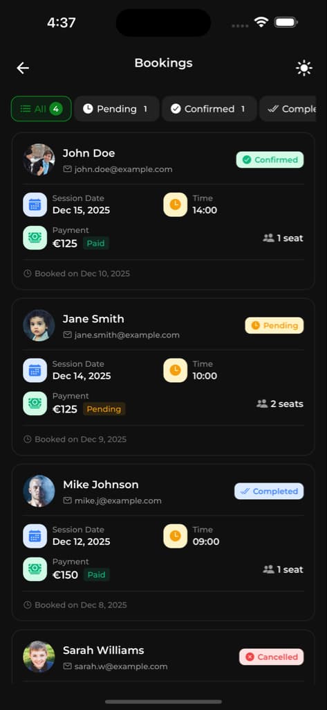 Bookings & Classes - Screen 1