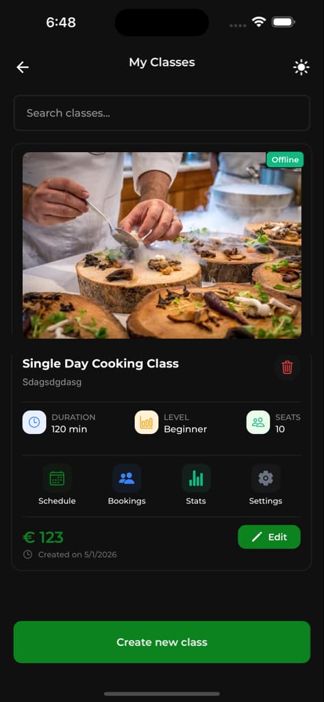 Dashboard & Manage Classes - Screen 2